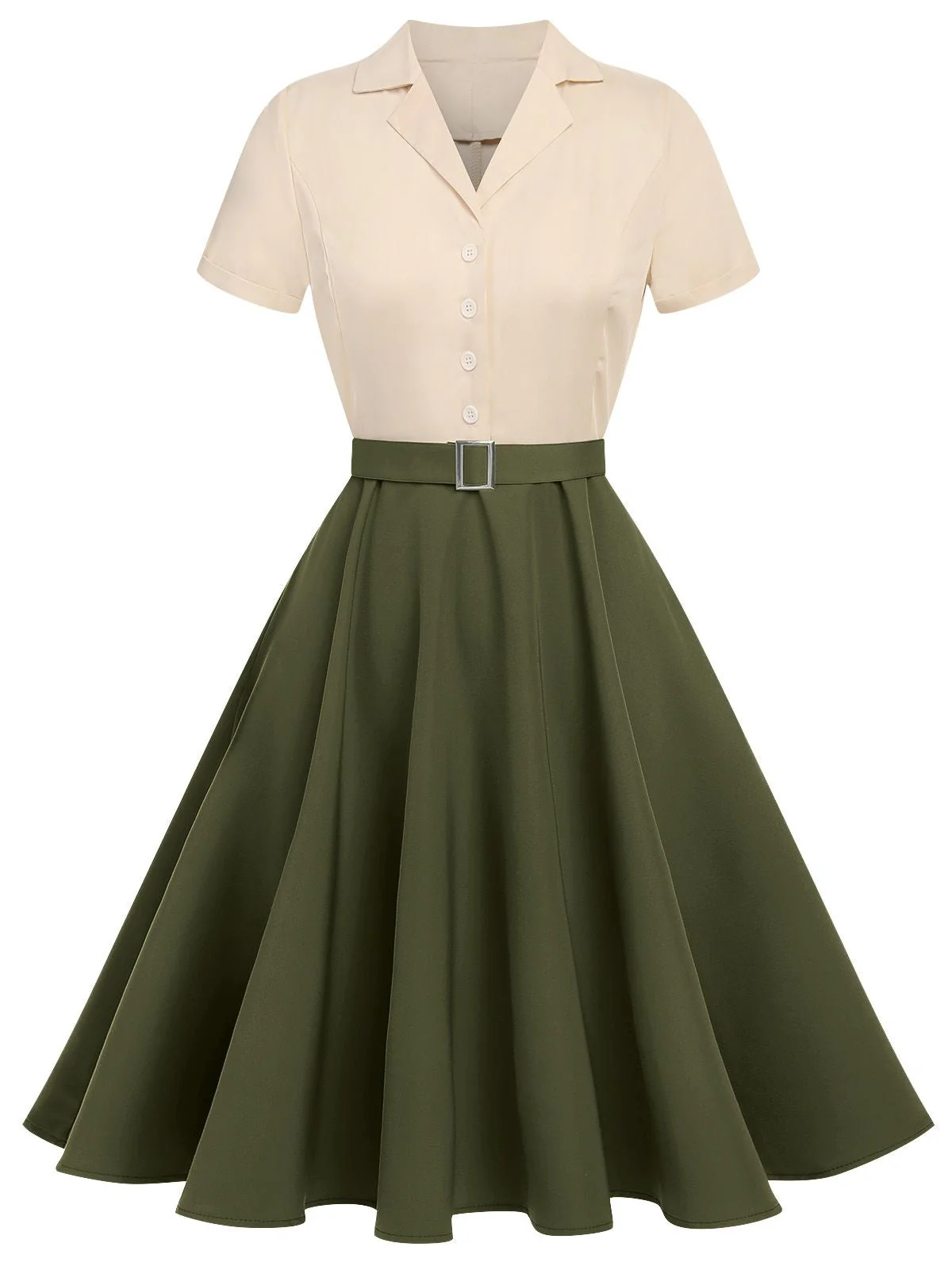 Robe boutonnée kaki style Blanche-Neige années 1950 - Image 9
