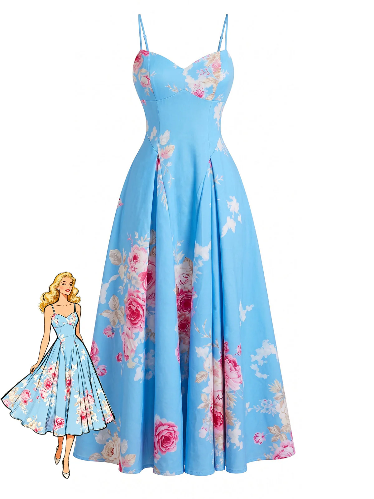 Robe Bretelles Spaghetti Col Cœur Floral Bleue Années 1940