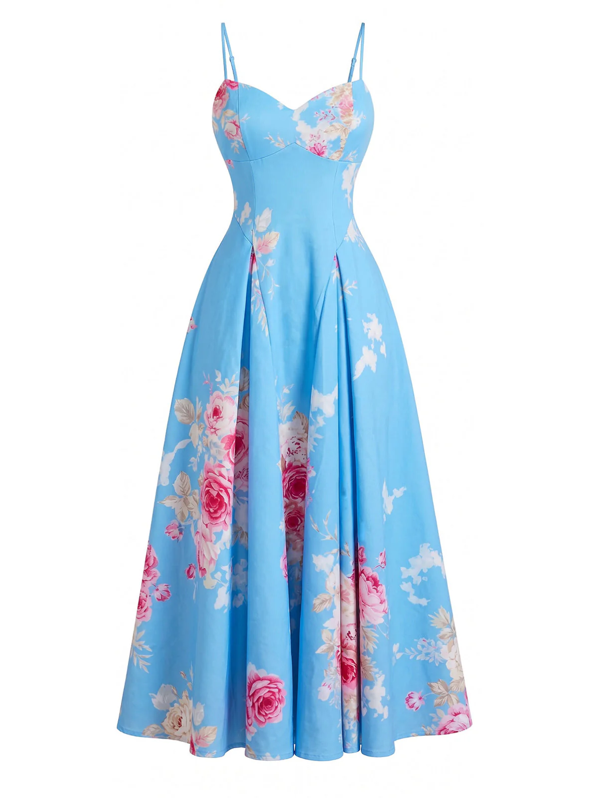 Robe Bretelles Spaghetti Col Cœur Floral Bleue Années 1940 - Image 2