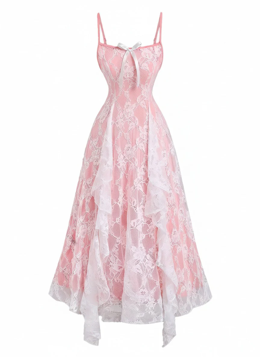 Robe Bretelles Spaghetti Floral Dentelle Années 1950 - Image 2