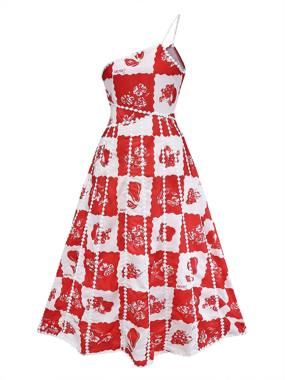 Robe bretelles spaghetti rouge carreaux floral 1930s