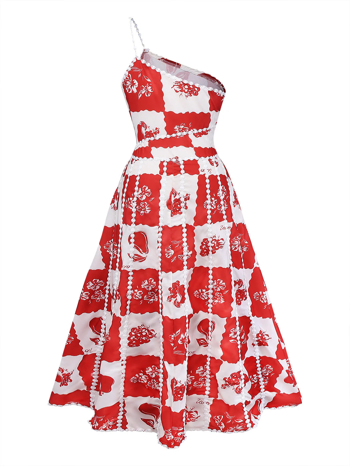 Robe bretelles spaghetti rouge carreaux floral 1930s - Image 2