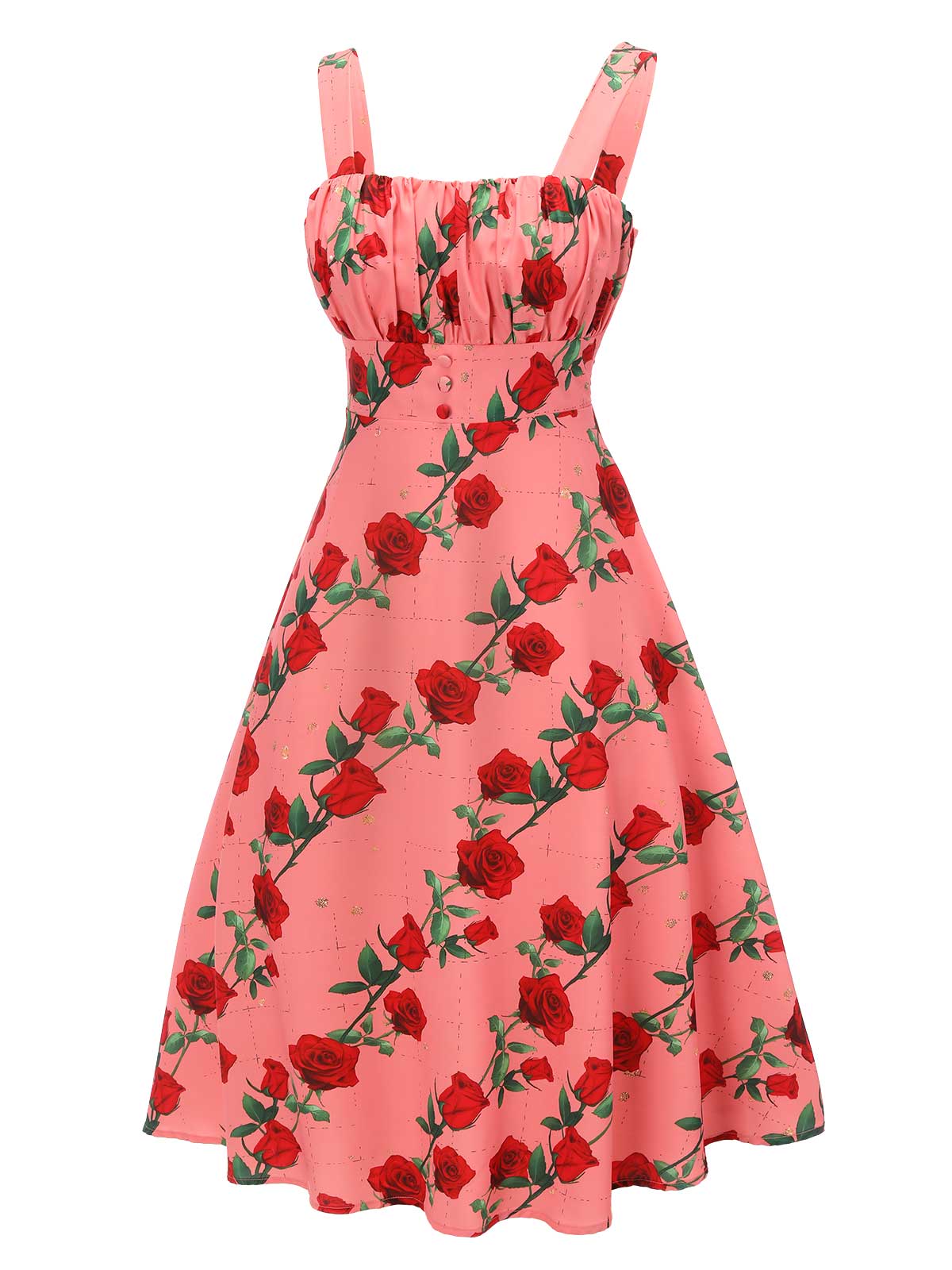 Robe à Bretelles Taille Haute Plissée Roses 1950s - Image 3
