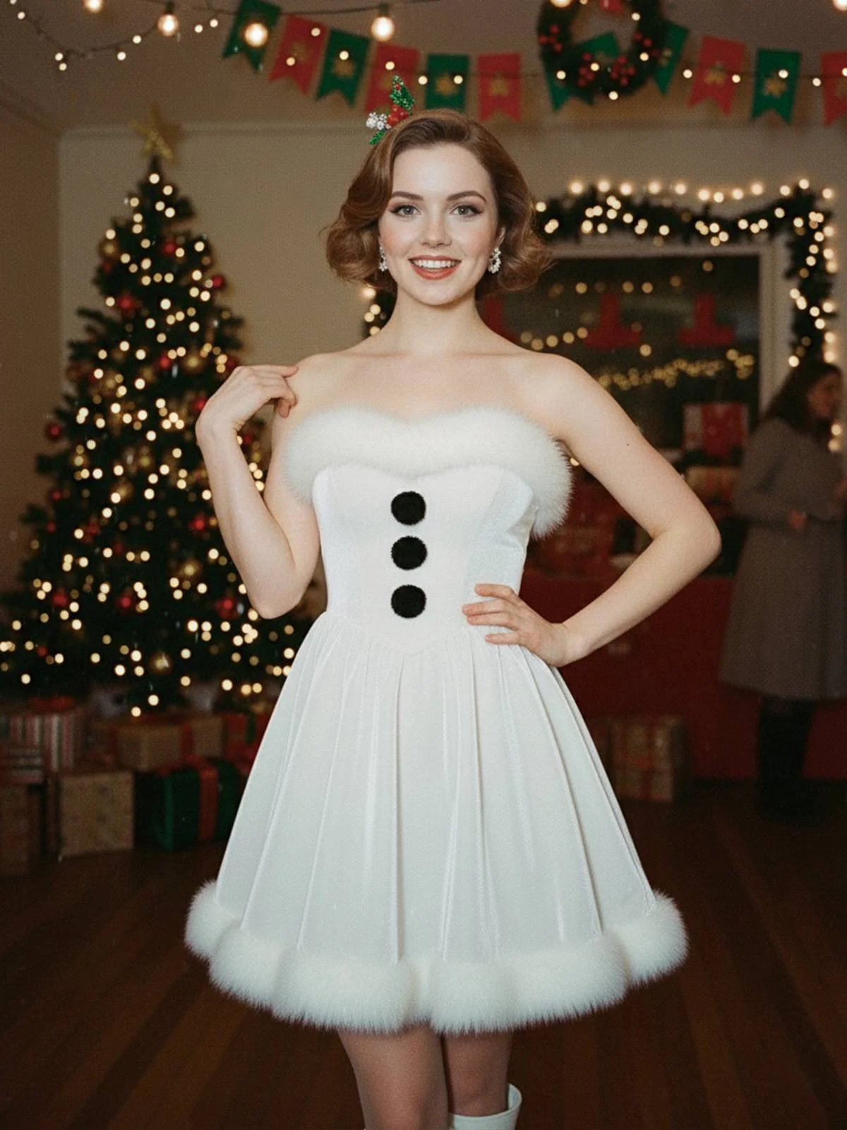 Robe bustier blanche en velours et peluche style bonhomme de neige nnées 1960 - Image 2