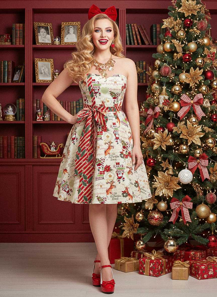 Robe bustier à nœud papillon et canne de Noël années 50 - Image 5