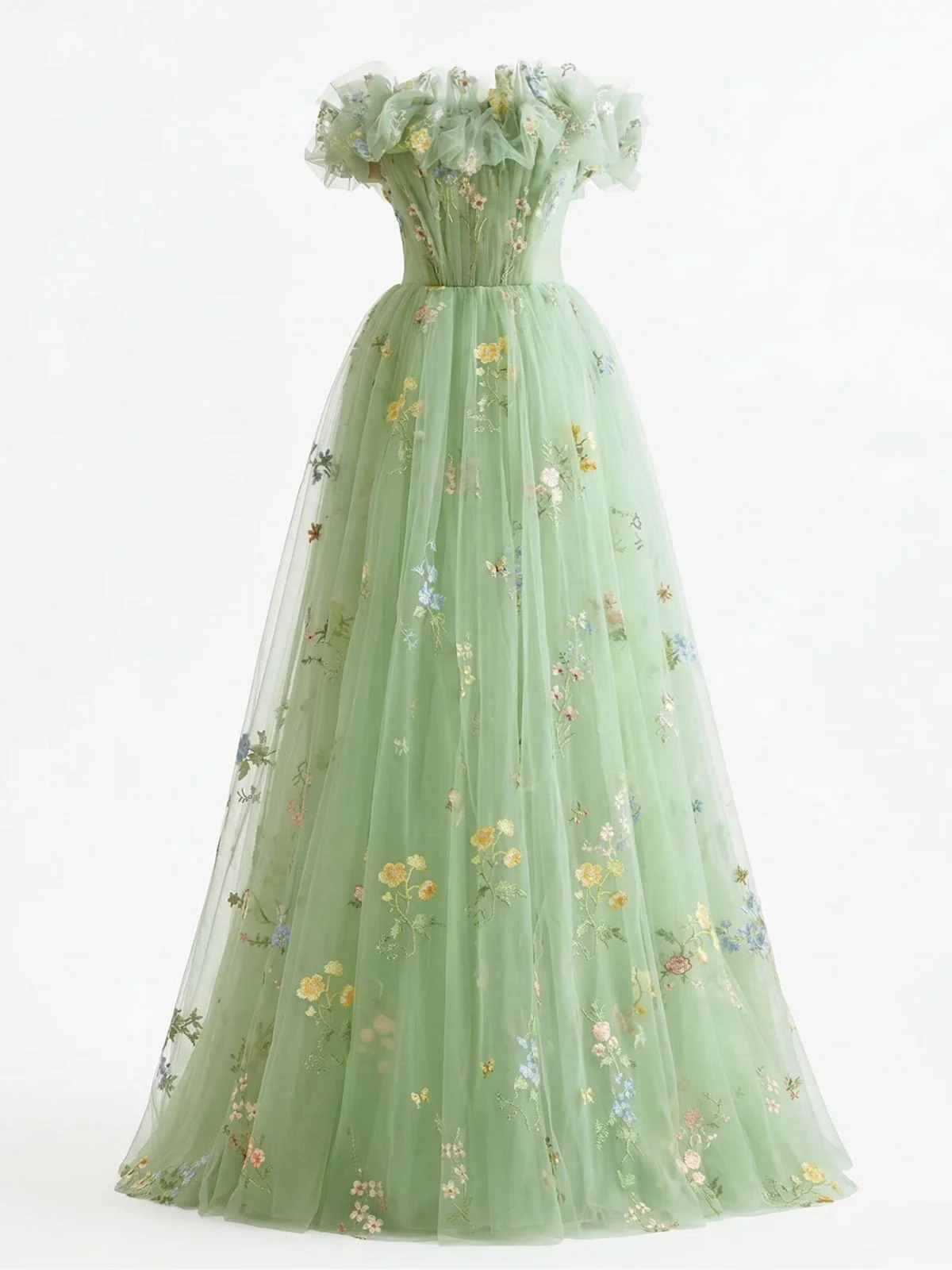 Robe bustier résille brodée fleurs verte années 30 - Image 2