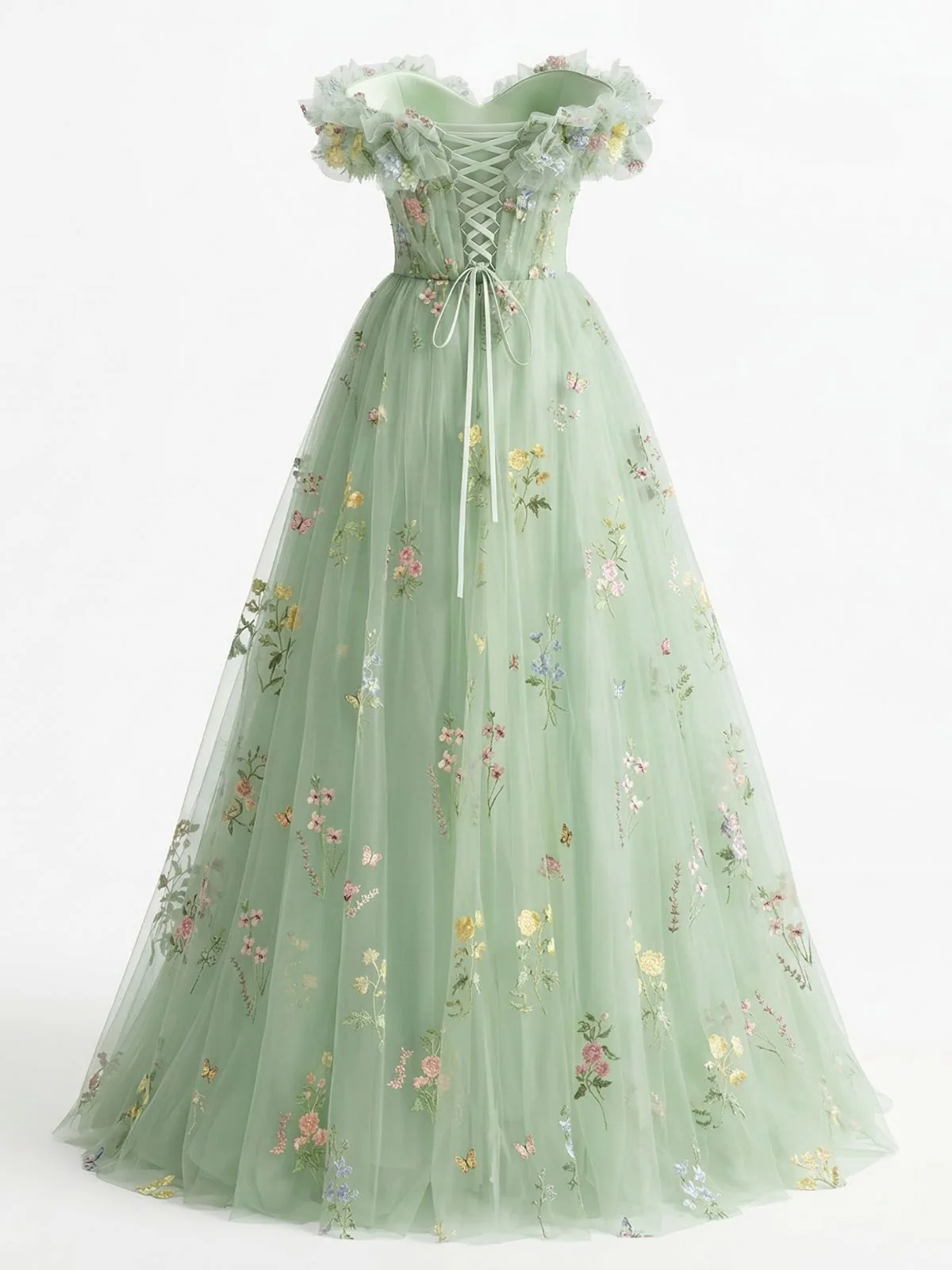 Robe bustier résille brodée fleurs verte années 30 - Image 3