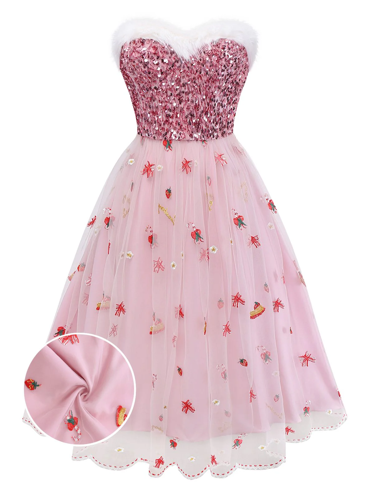 Robe bustier rose en maille à sequins et fourrure années 1950