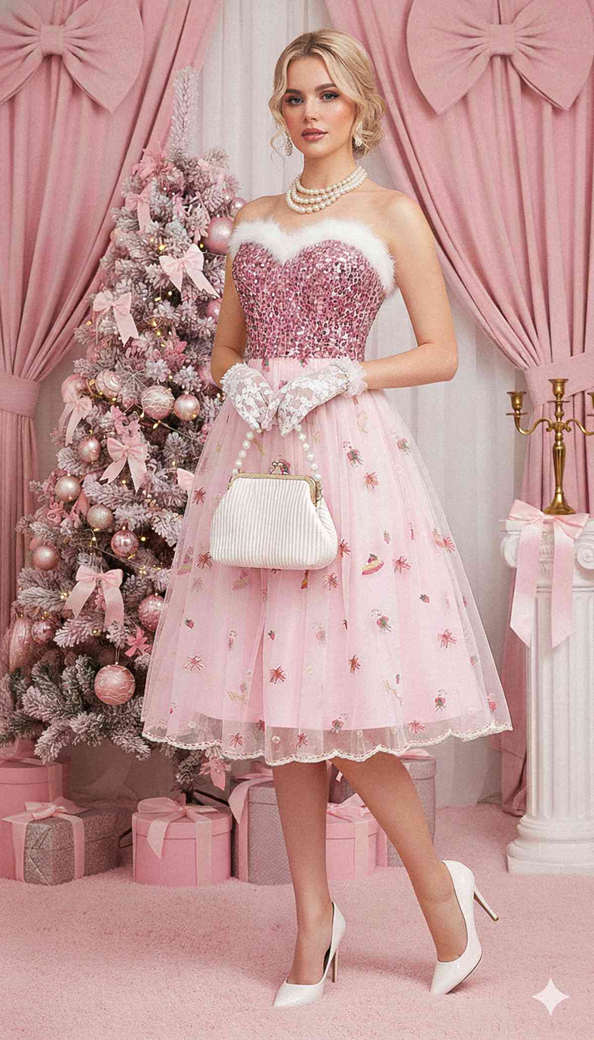 Robe bustier rose en maille à sequins et fourrure années 1950 - Image 2