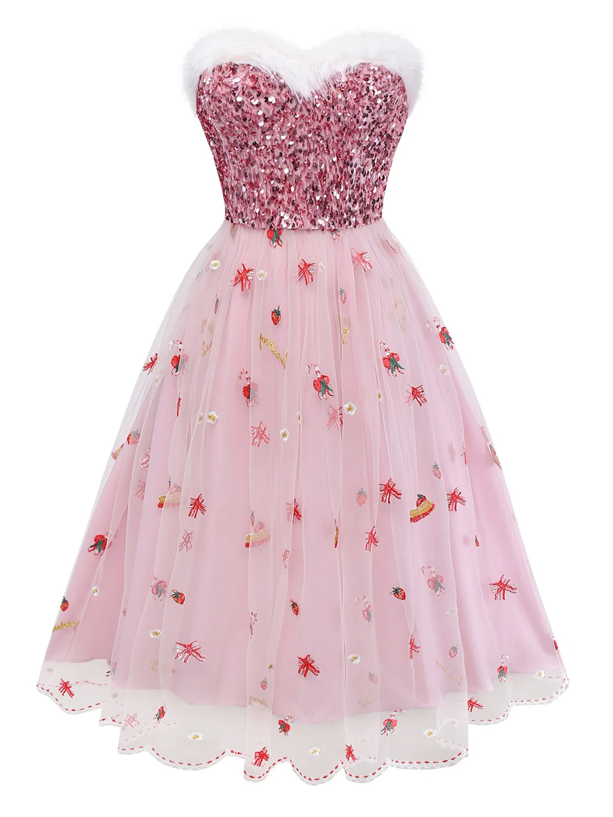 Robe bustier rose en maille à sequins et fourrure années 1950 - Image 3