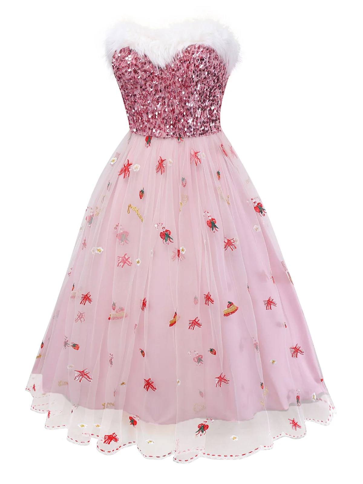 Robe bustier rose en maille à sequins et fourrure années 1950 - Image 4