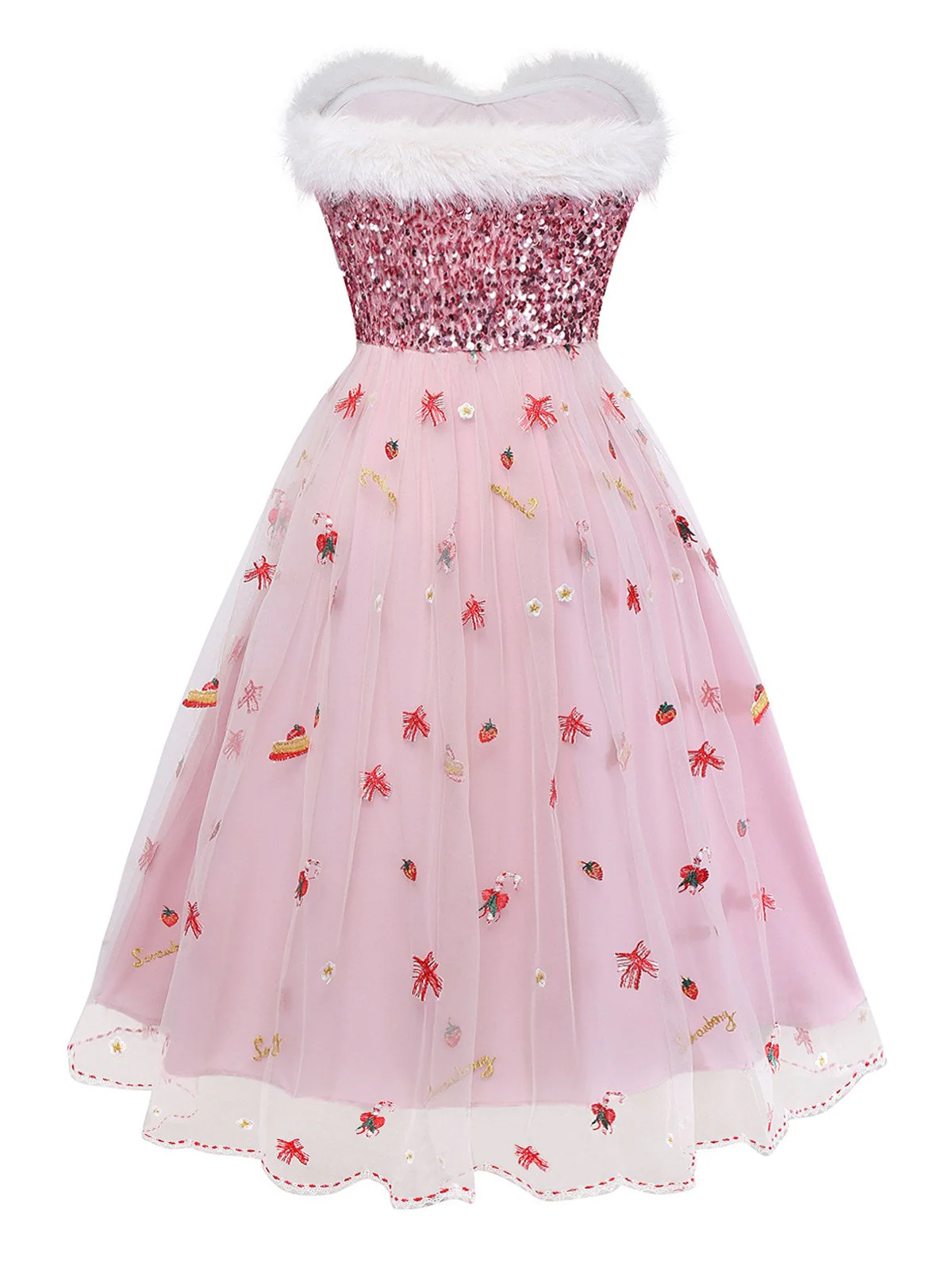 Robe bustier rose en maille à sequins et fourrure années 1950 - Image 5