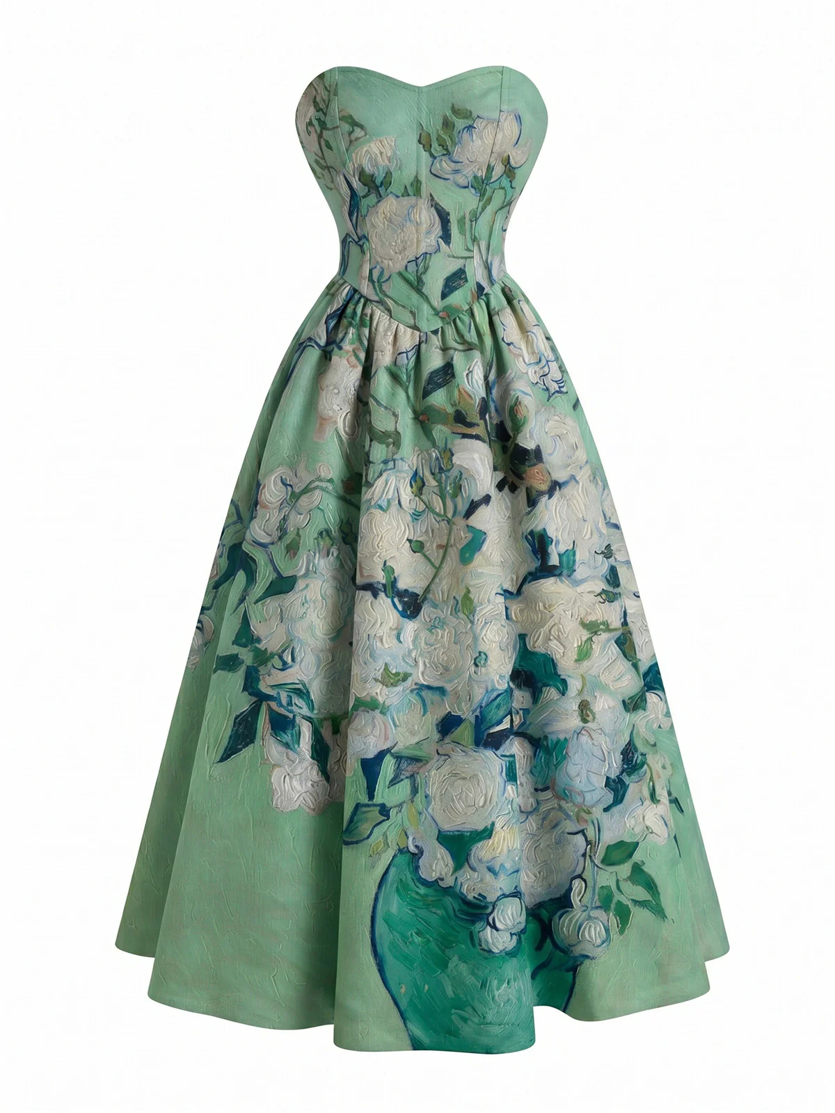 Robe bustier bleue motif nénuphars et décolleté cœur années 50 - Image 6