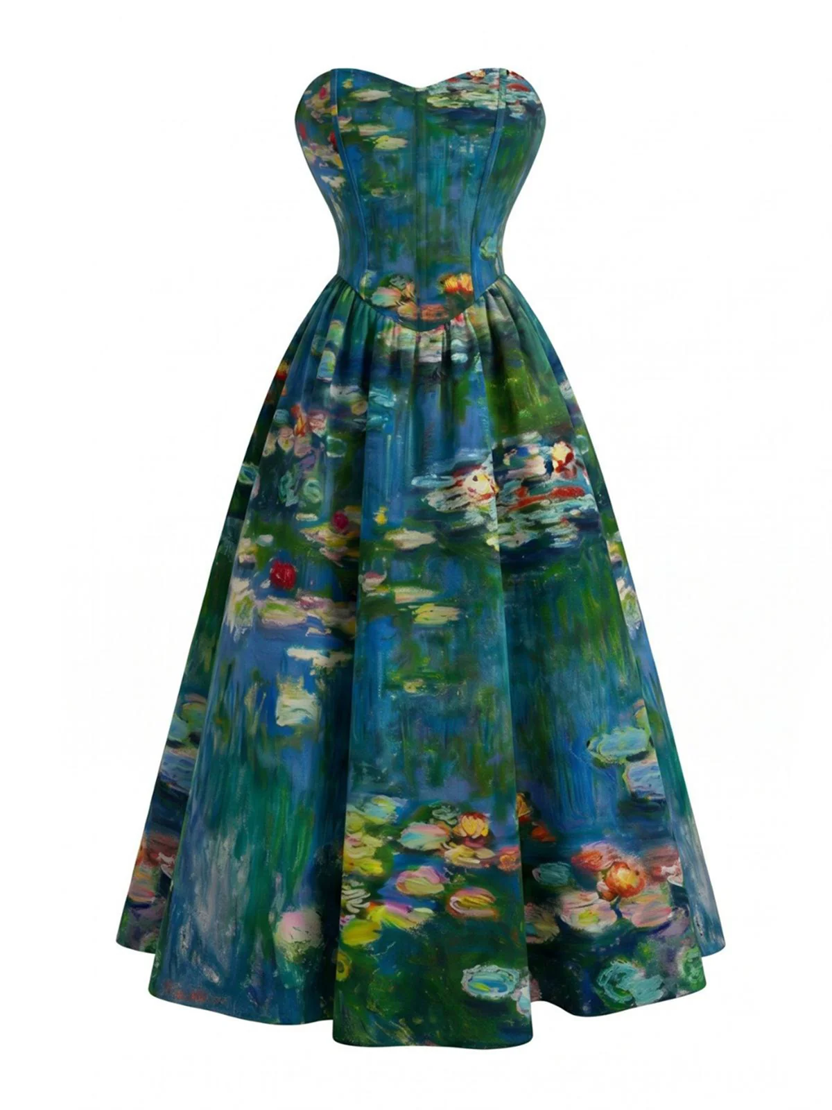 Robe bustier bleue motif nénuphars et décolleté cœur années 50 - Image 3