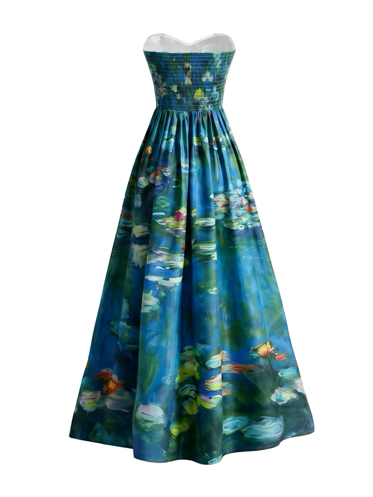 Robe bustier bleue motif nénuphars et décolleté cœur années 50 - Image 4