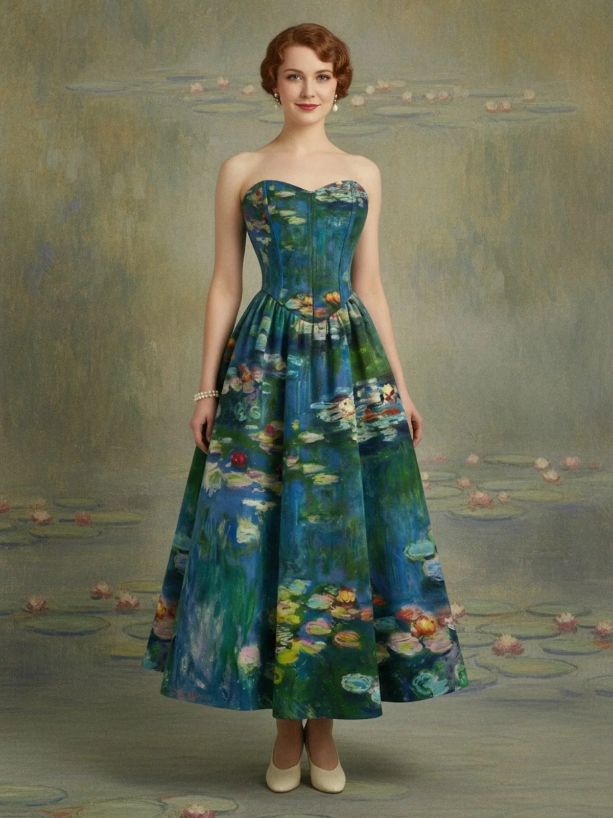 Robe bustier bleue motif nénuphars et décolleté cœur années 50 - Image 5