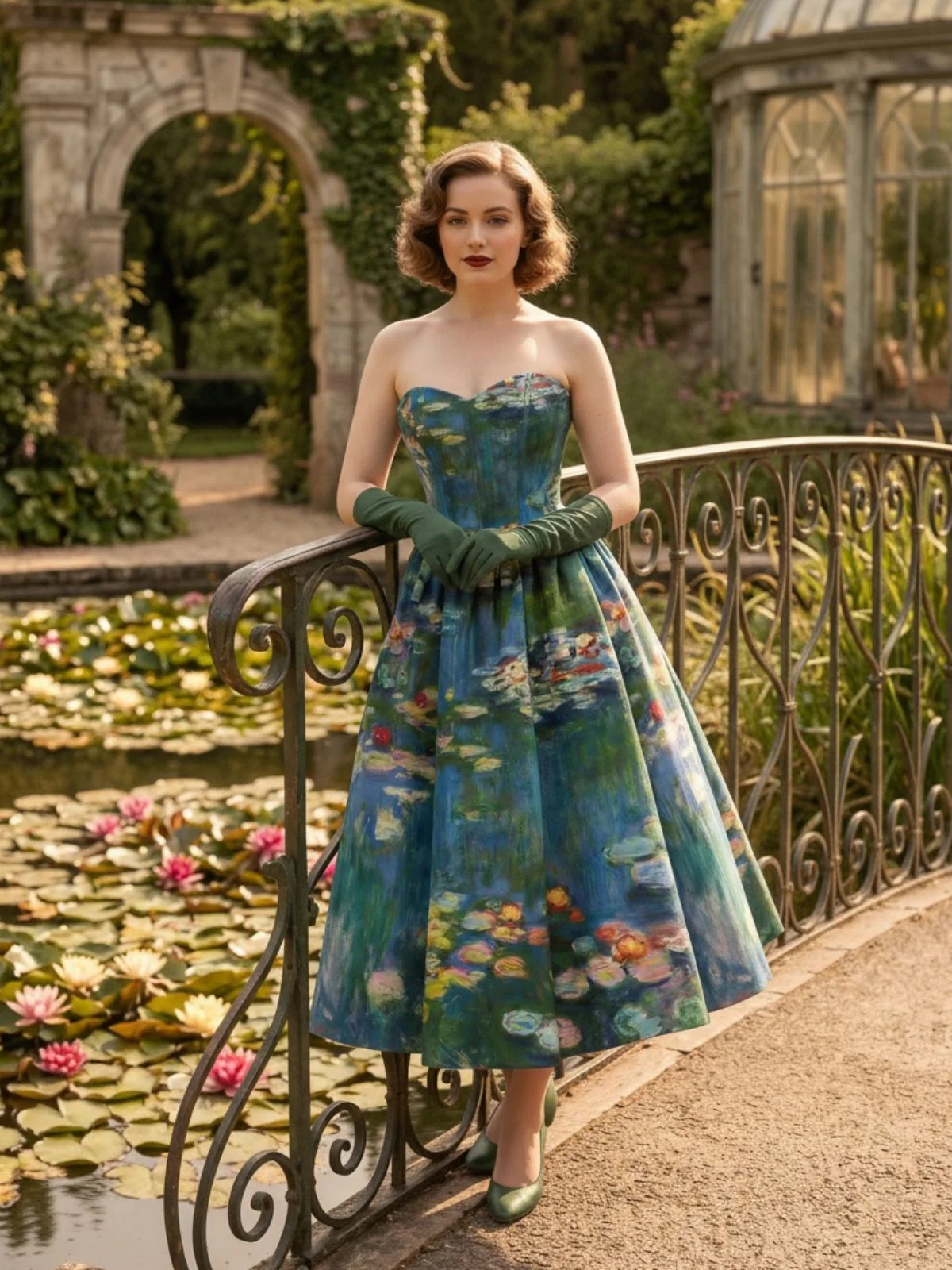 Robe bustier bleue motif nénuphars et décolleté cœur années 50 - Image 2