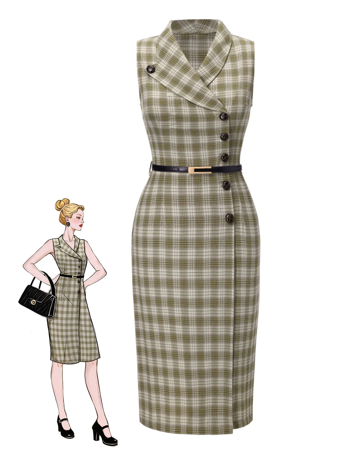 Robe à carreaux boutonnée à revers vert pois des années 1960