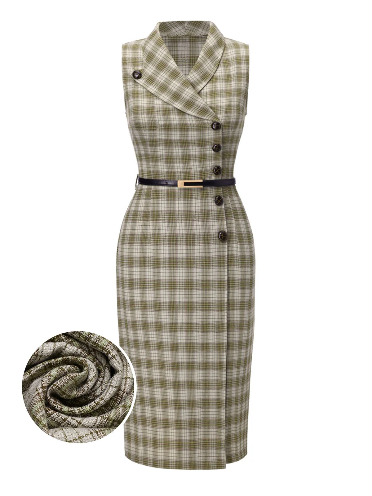 Robe à carreaux boutonnée à revers vert pois des années 1960 - Image 2