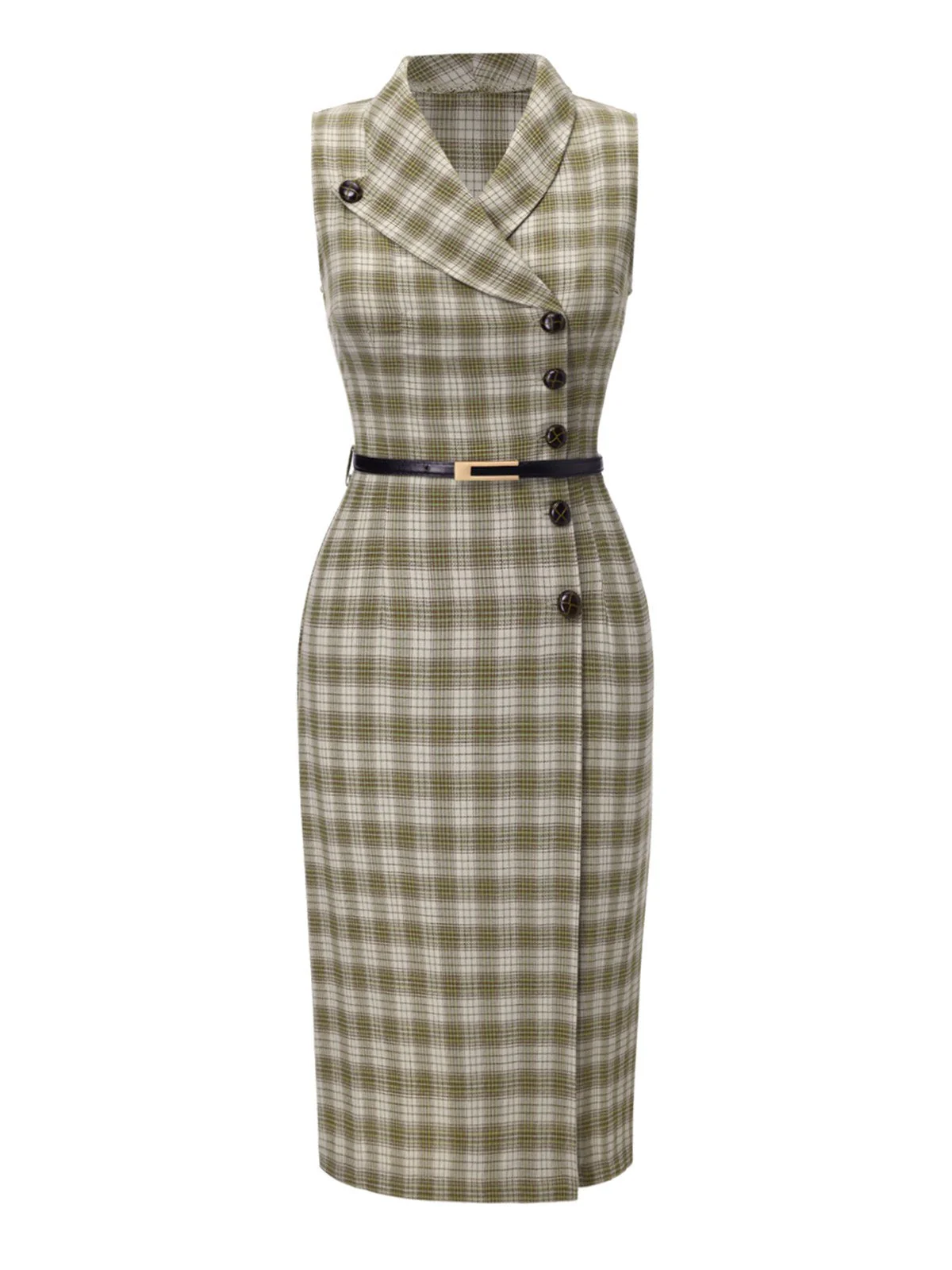 Robe à carreaux boutonnée à revers vert pois des années 1960 - Image 3