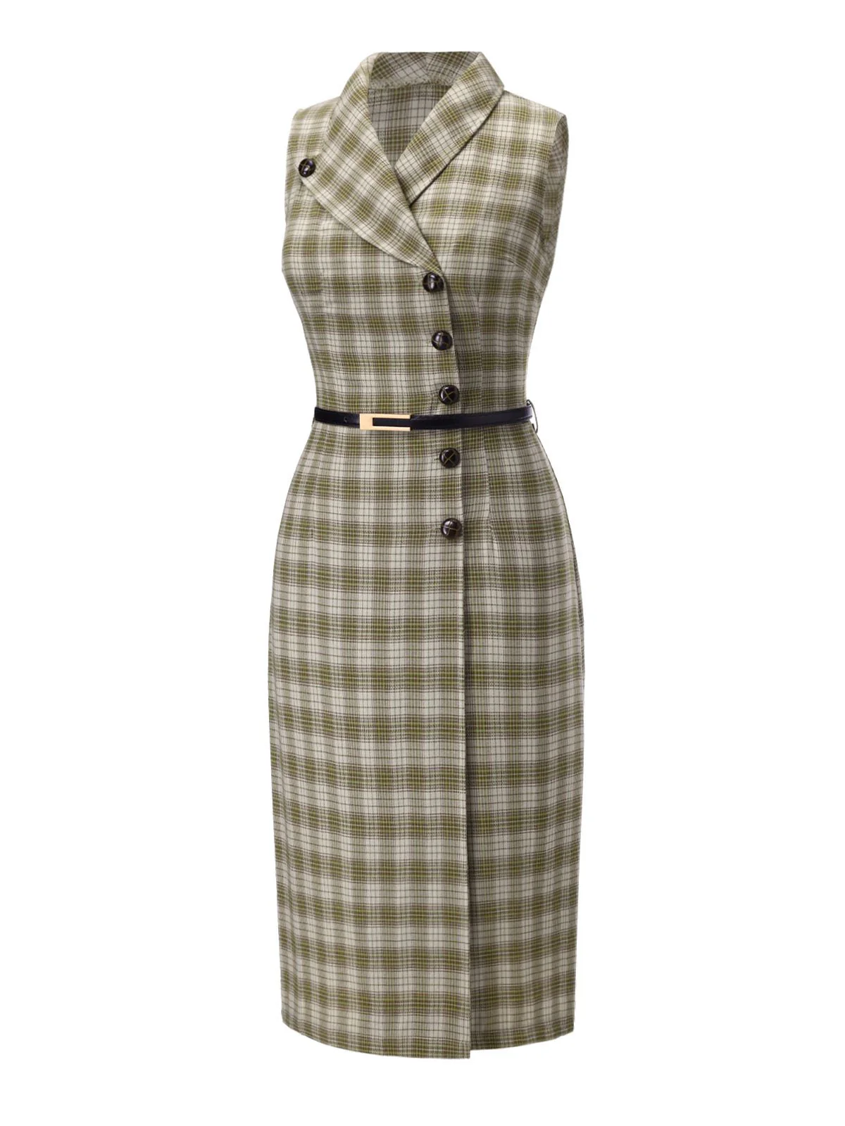 Robe à carreaux boutonnée à revers vert pois des années 1960 - Image 4