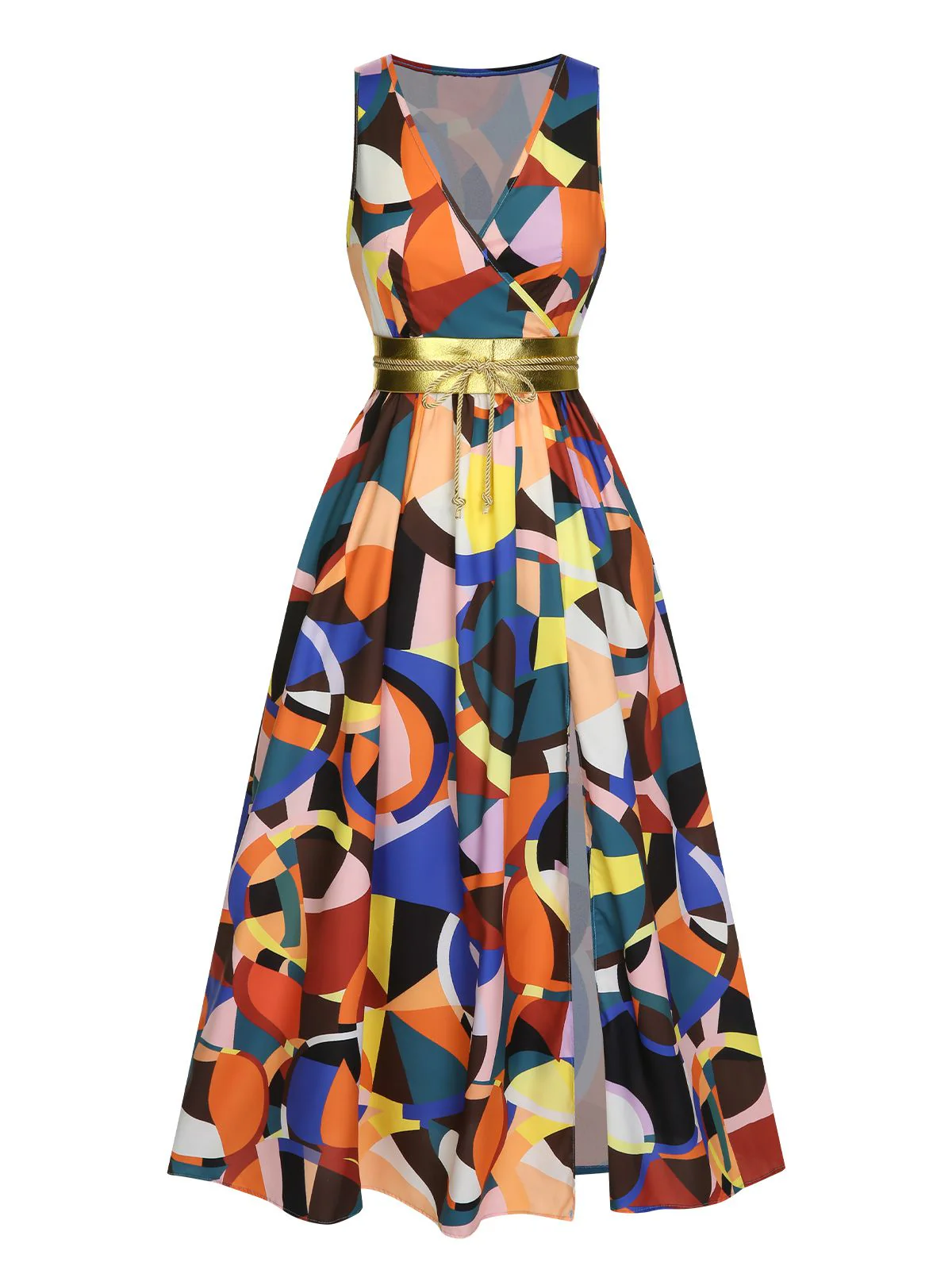 Robe ceinturée à col en V et fente haute des années 1930 - Image 7