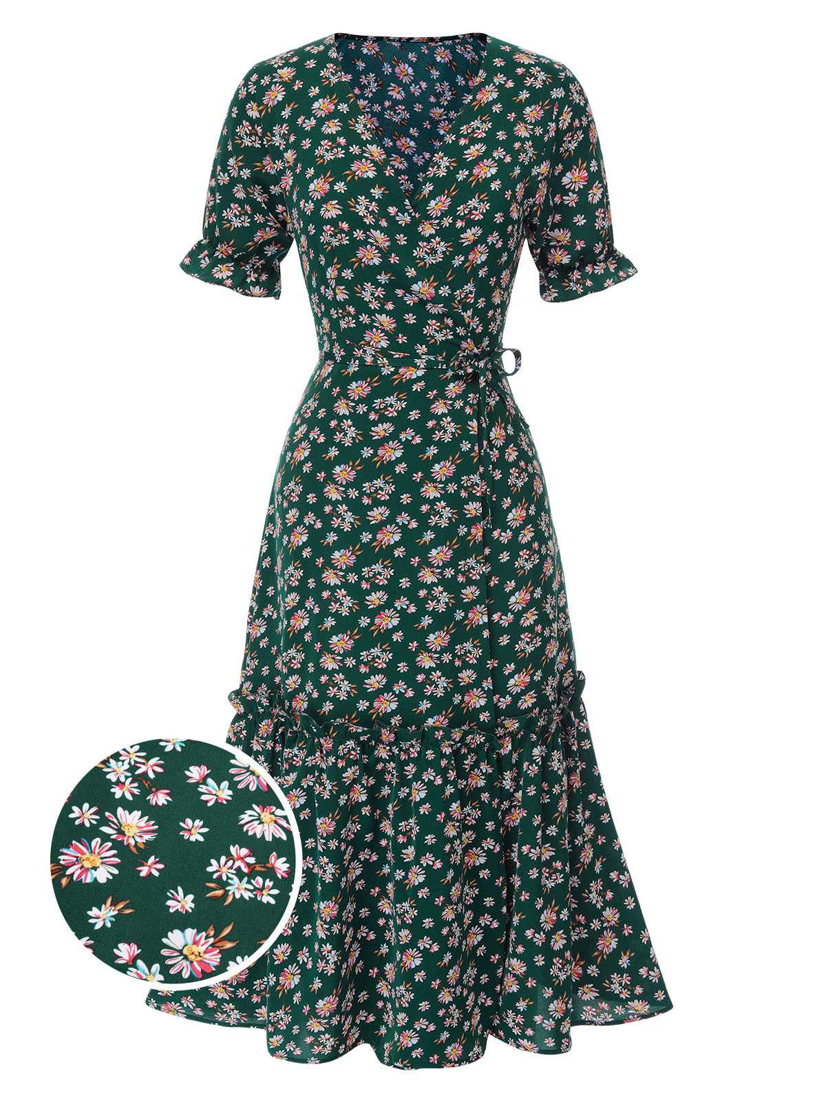 Robe ceinturée à col en V et surplis Marguerite des années 1930 - Image 7