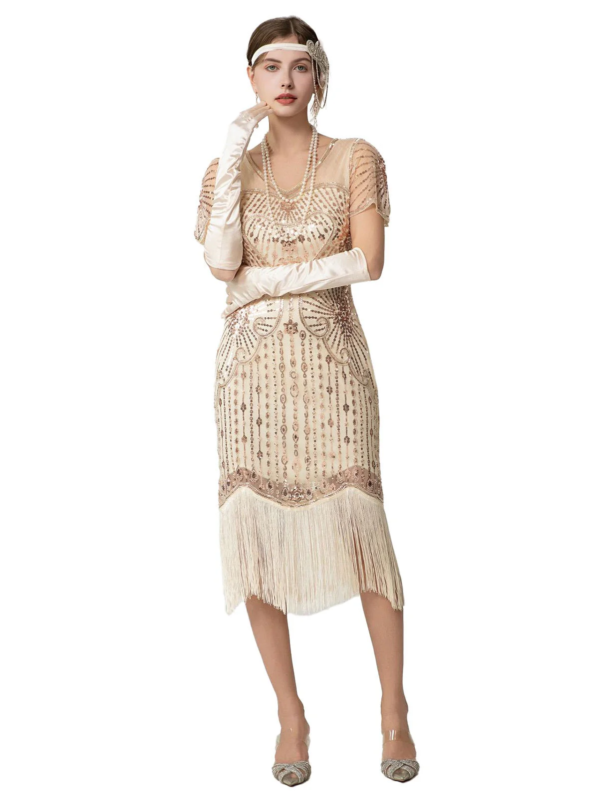 Robe Charleston à paillettes franges et perles des années 1920 - Image 10