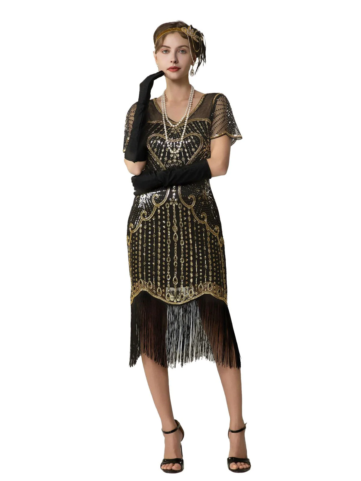 Robe Charleston à paillettes franges et perles des années 1920 - Image 14