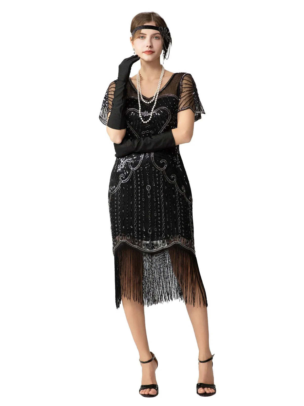 Robe Charleston à paillettes franges et perles des années 1920 - Image 6