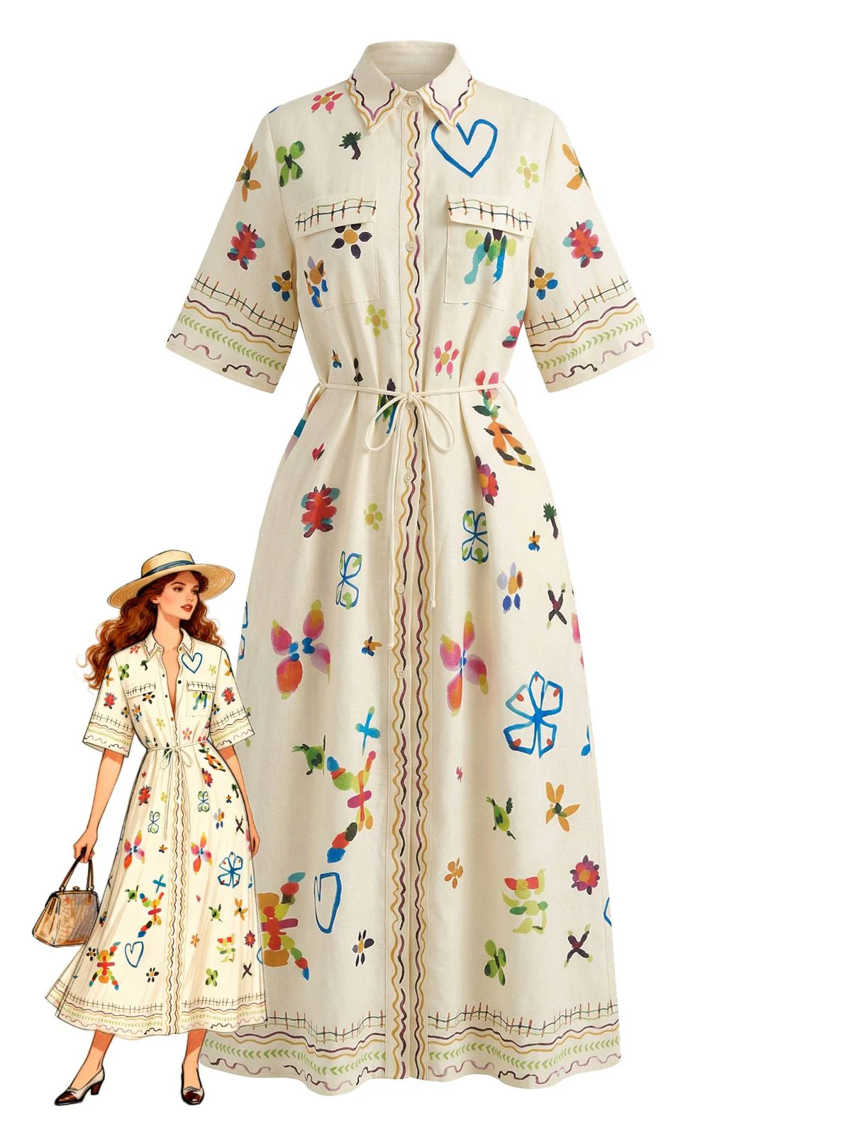 Robe-chemise beige folk motifs floraux et manches mi-longues années 1970