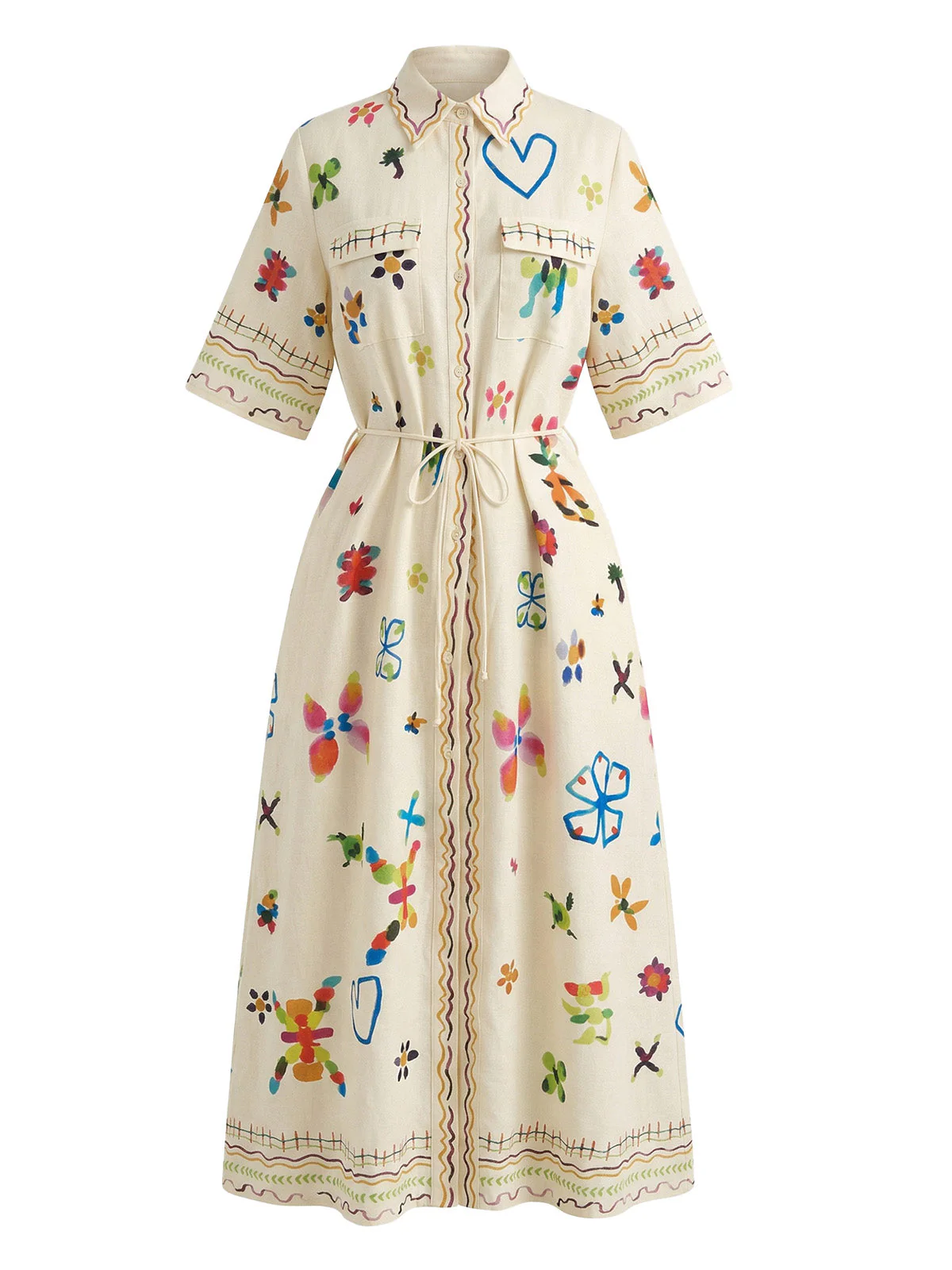 Robe-chemise beige folk motifs floraux et manches mi-longues années 1970 - Image 2