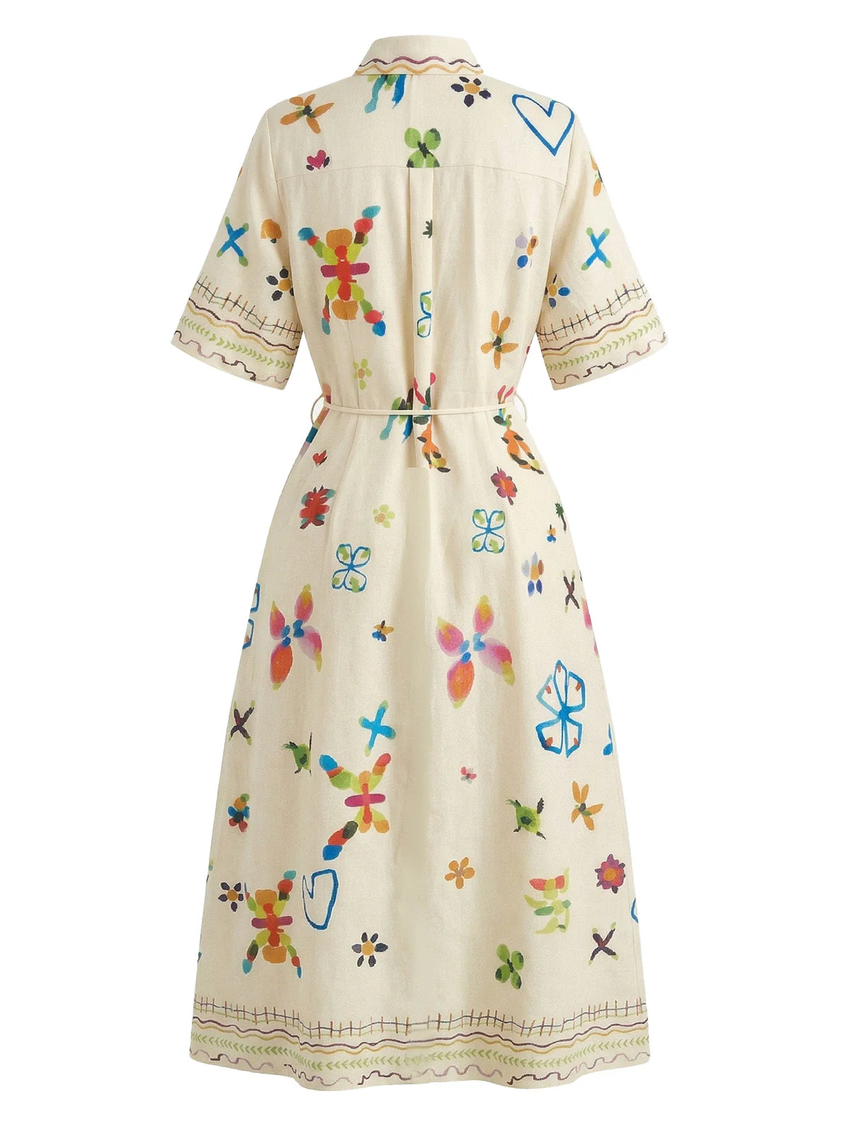 Robe-chemise beige folk motifs floraux et manches mi-longues années 1970 - Image 3