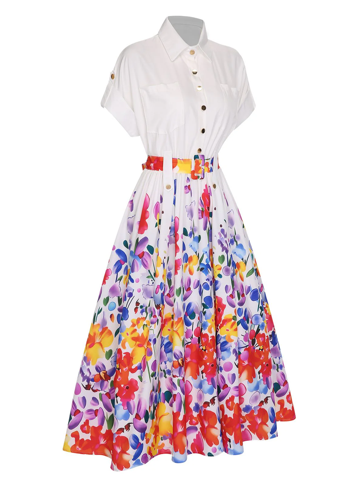 Robe chemise blanche à ceinture et col fleuri des années 40 - Image 3