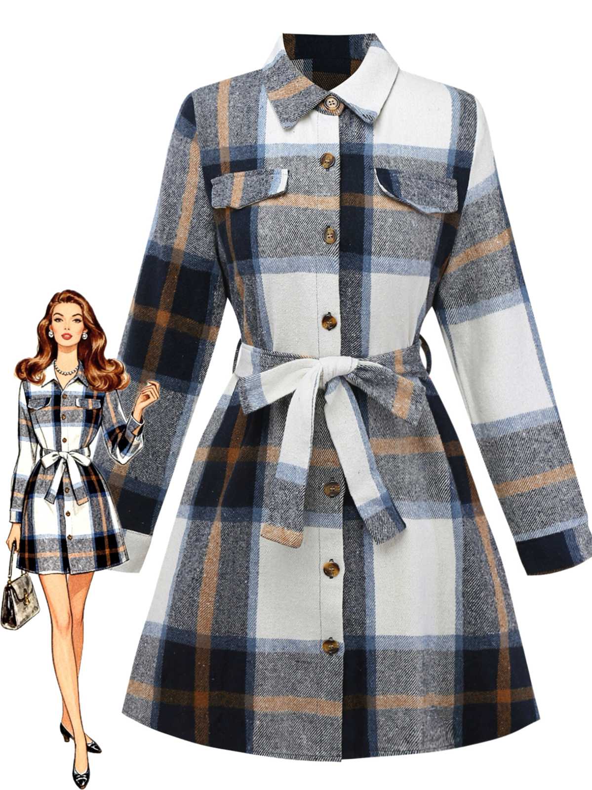 Robe-chemise carreaux multicolores avec ceinture années 1960