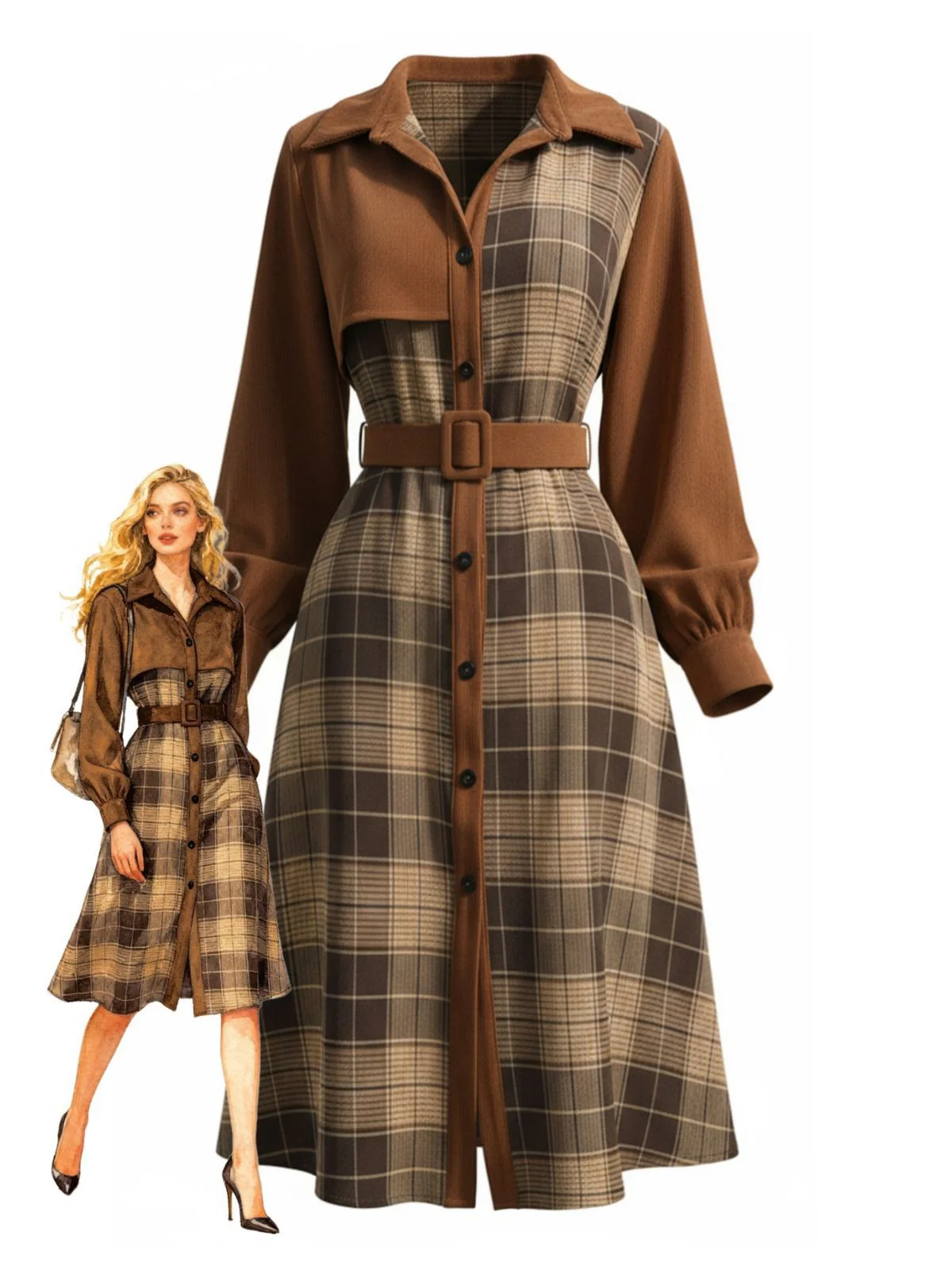 Robe chemise marron à carreaux en velours côtelé années 1950