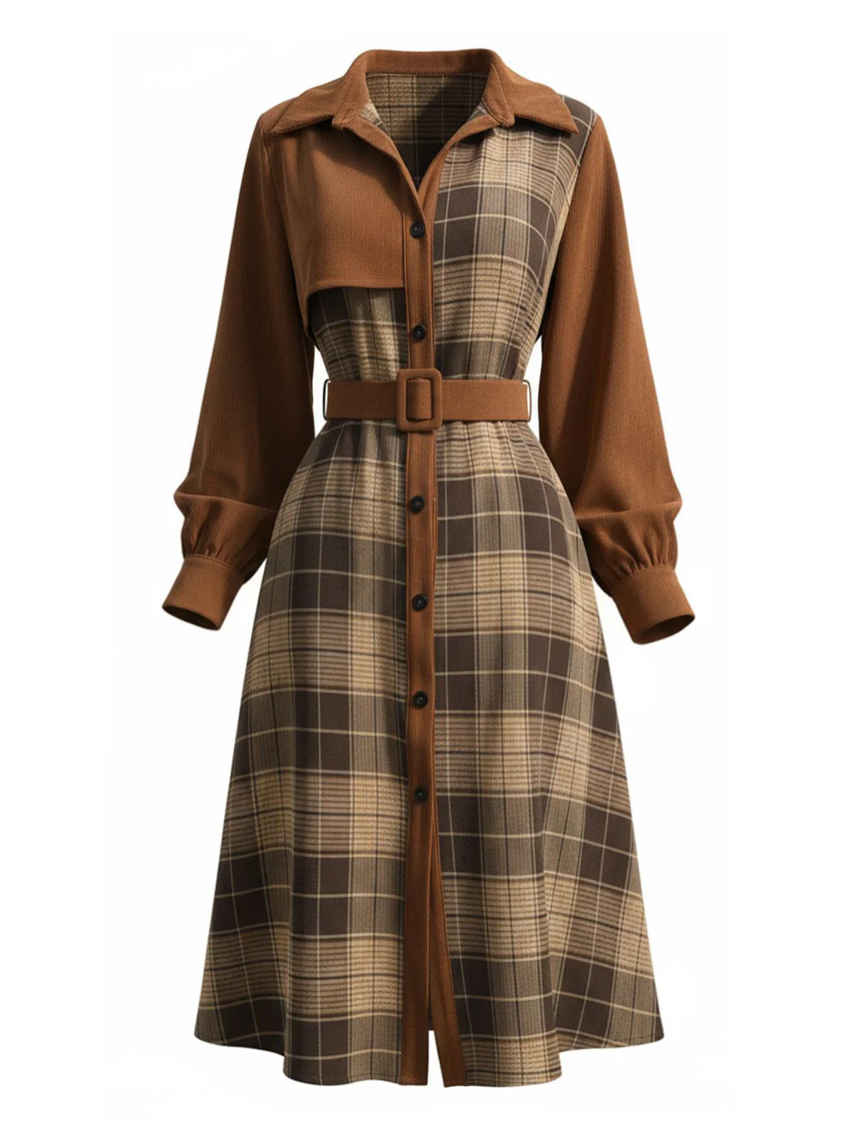 Robe chemise marron à carreaux en velours côtelé années 1950 - Image 2