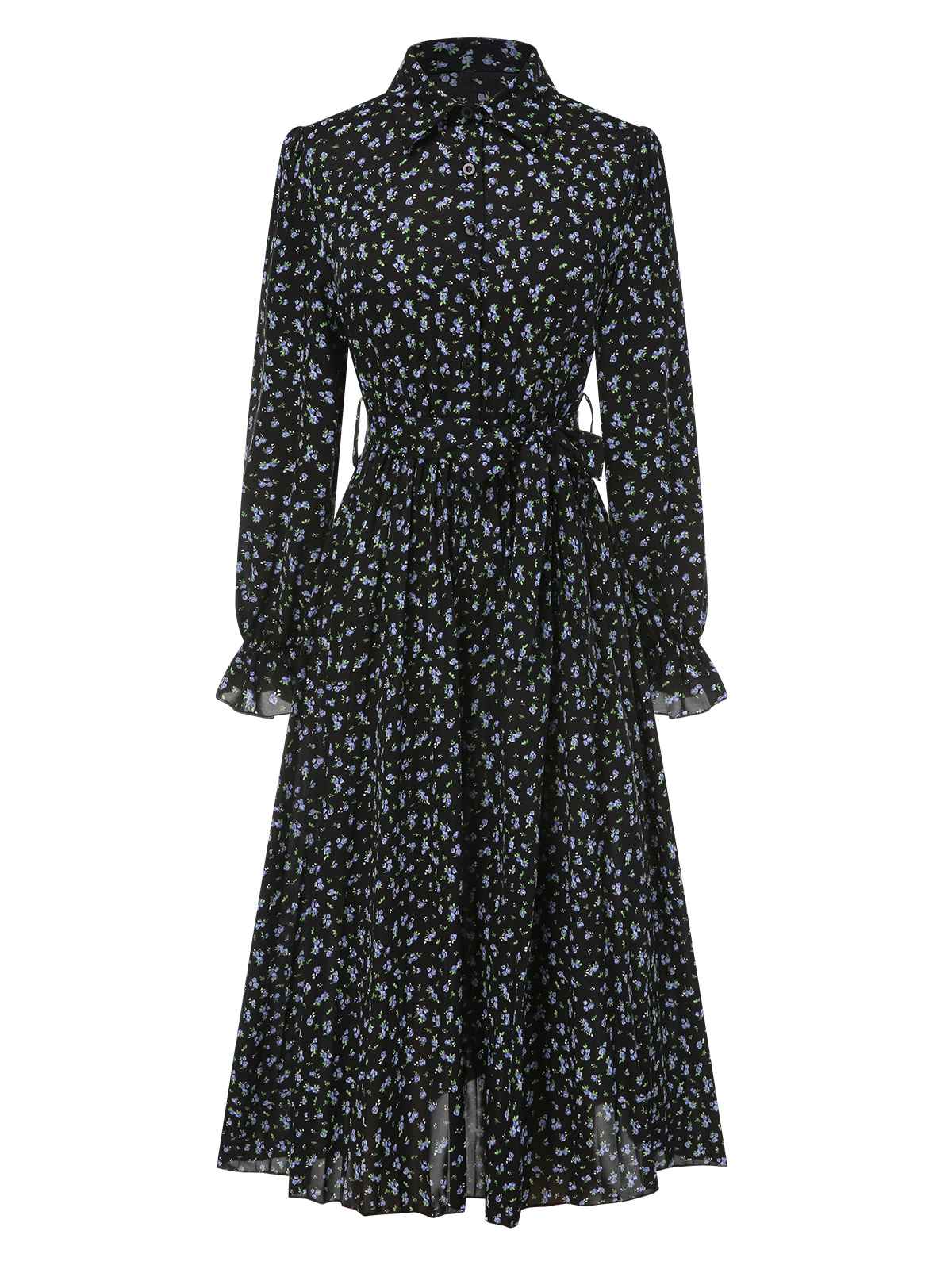 Robe chemise plissée à ceinture et à petits motifs floraux des années 1940 - Image 9