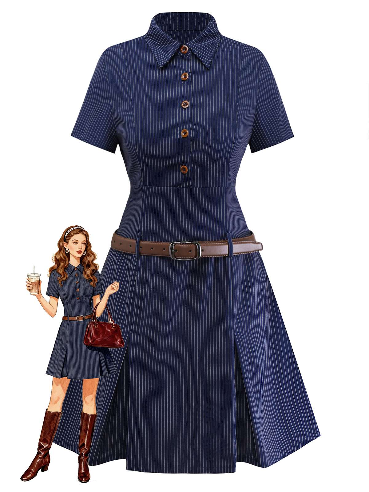 Robe chemise plissée à fines rayures bleues des années 70