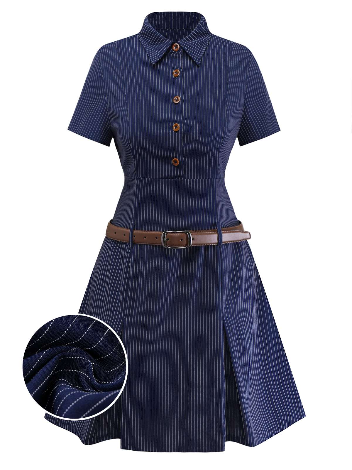 Robe chemise plissée à fines rayures bleues des années 70 - Image 4
