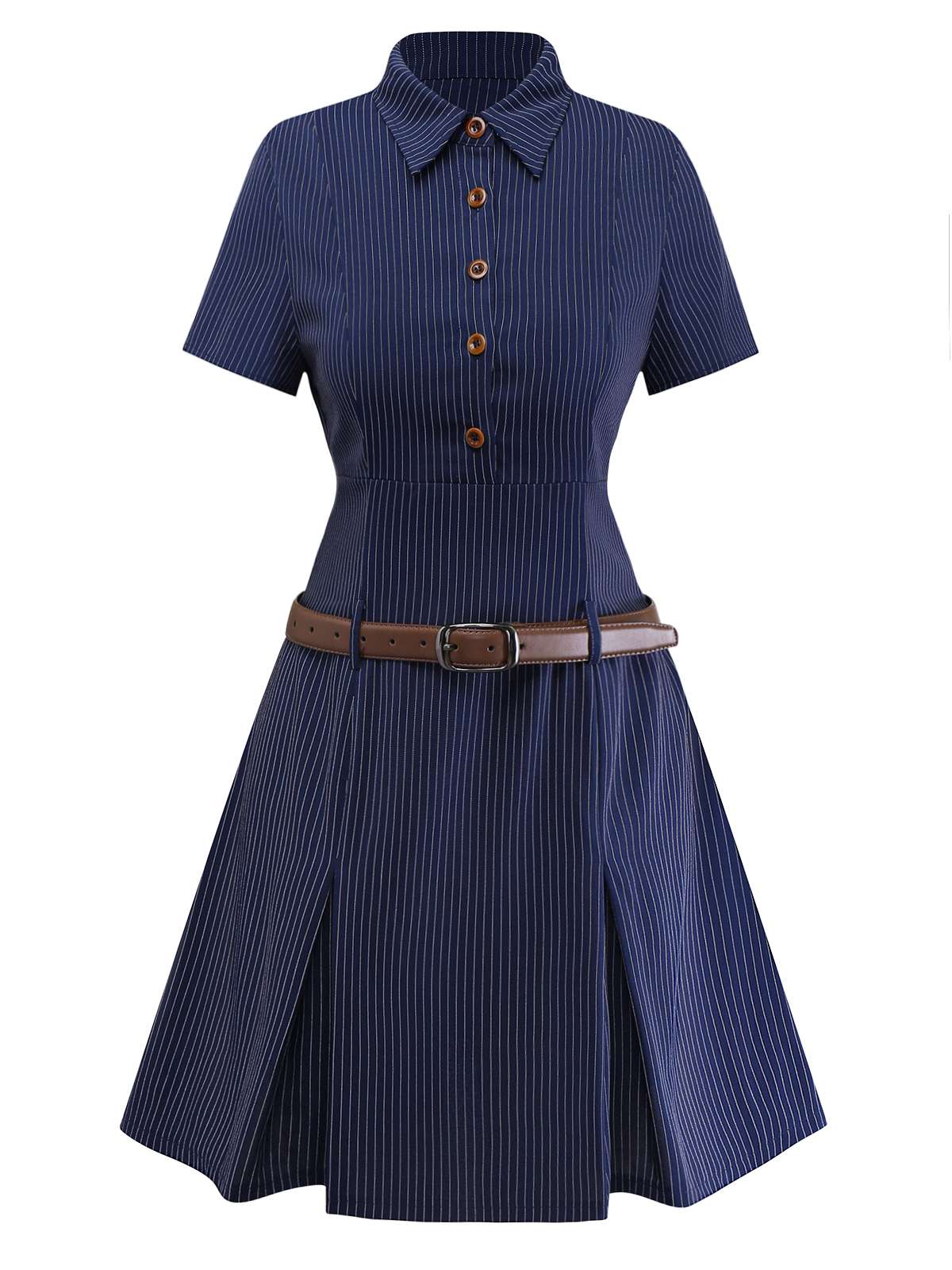 Robe chemise plissée à fines rayures bleues des années 70 - Image 5