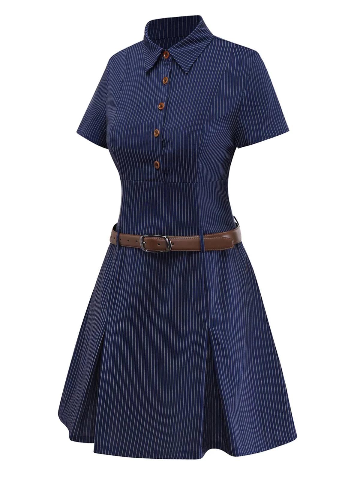 Robe chemise plissée à fines rayures bleues des années 70 - Image 6