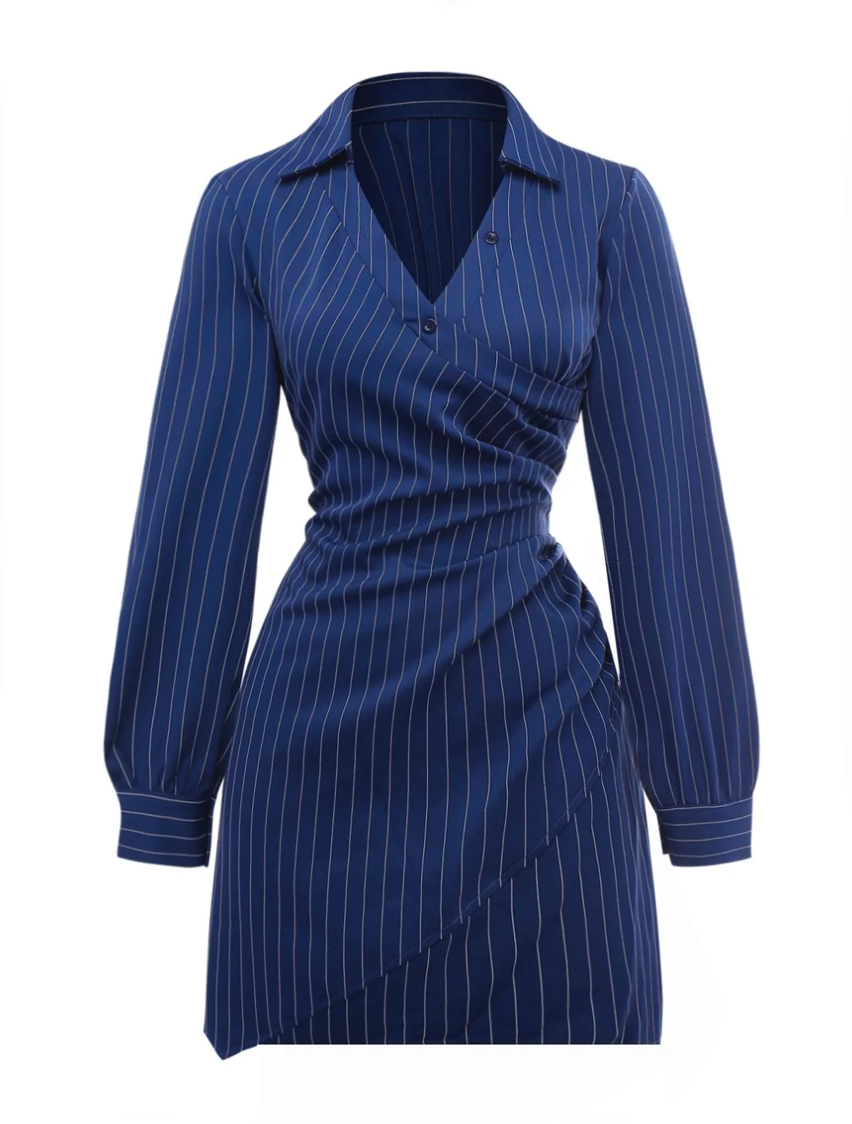 Robe chemise rayée fines bleue col Johnny des années 60 - Image 2