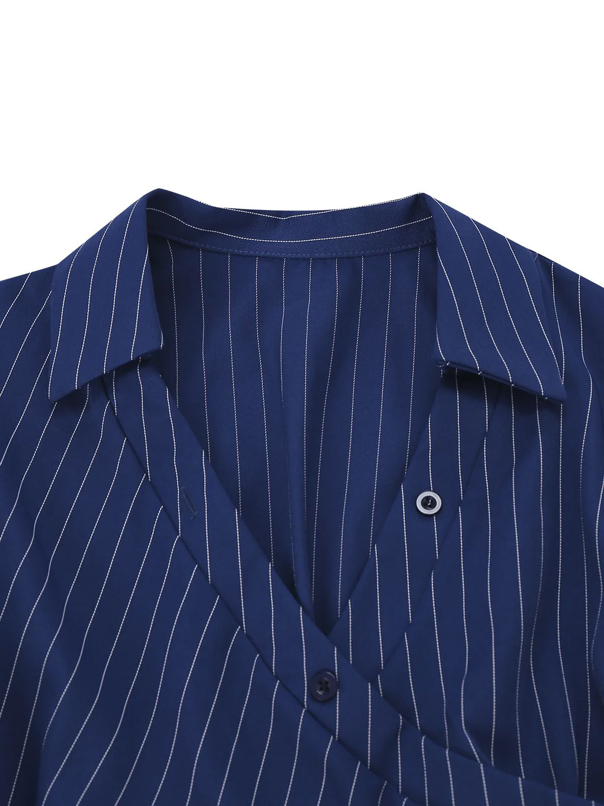 Robe chemise rayée fines bleue col Johnny des années 60 - Image 5