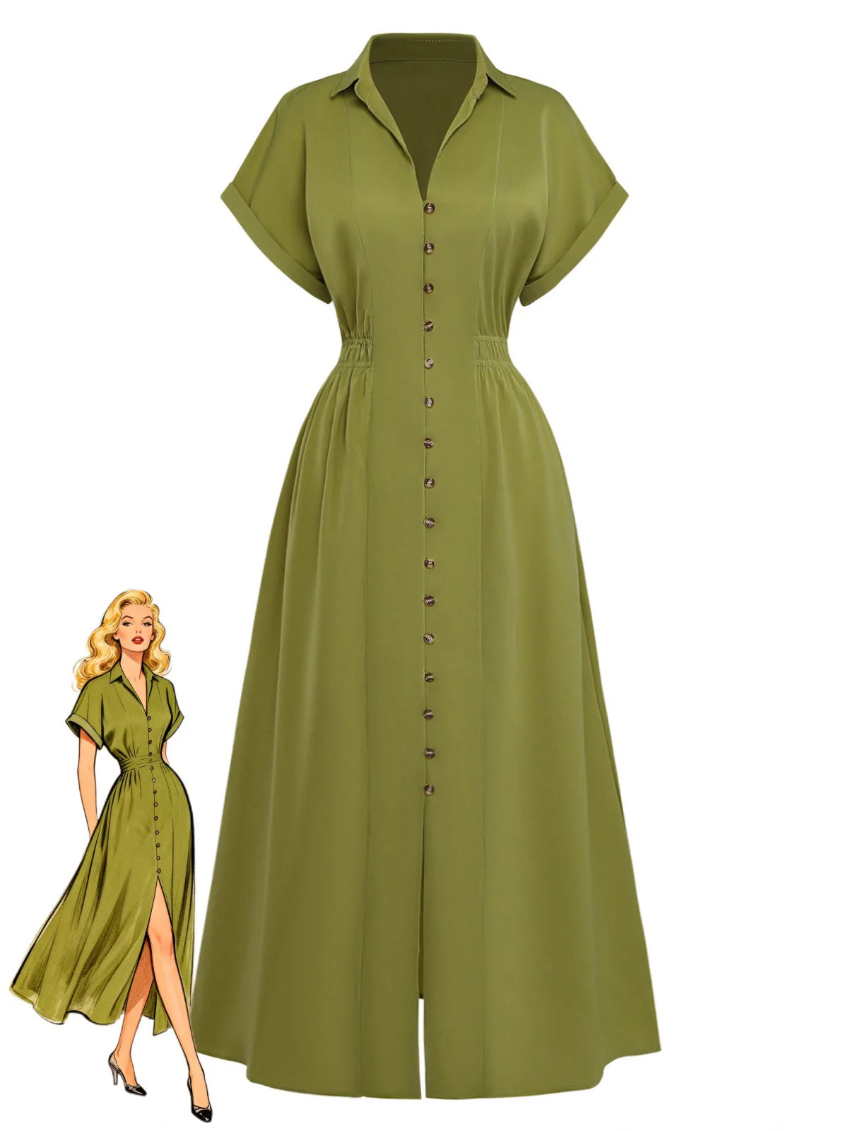 Robe-chemise verte à revers et fente années 1930