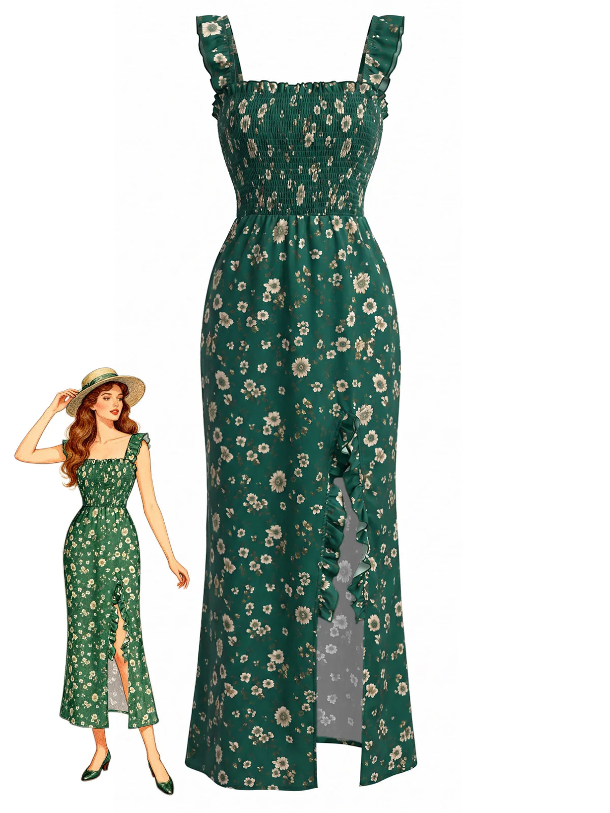 Robe Col Carré Fendue à Petites Fleurs Vert Années 30