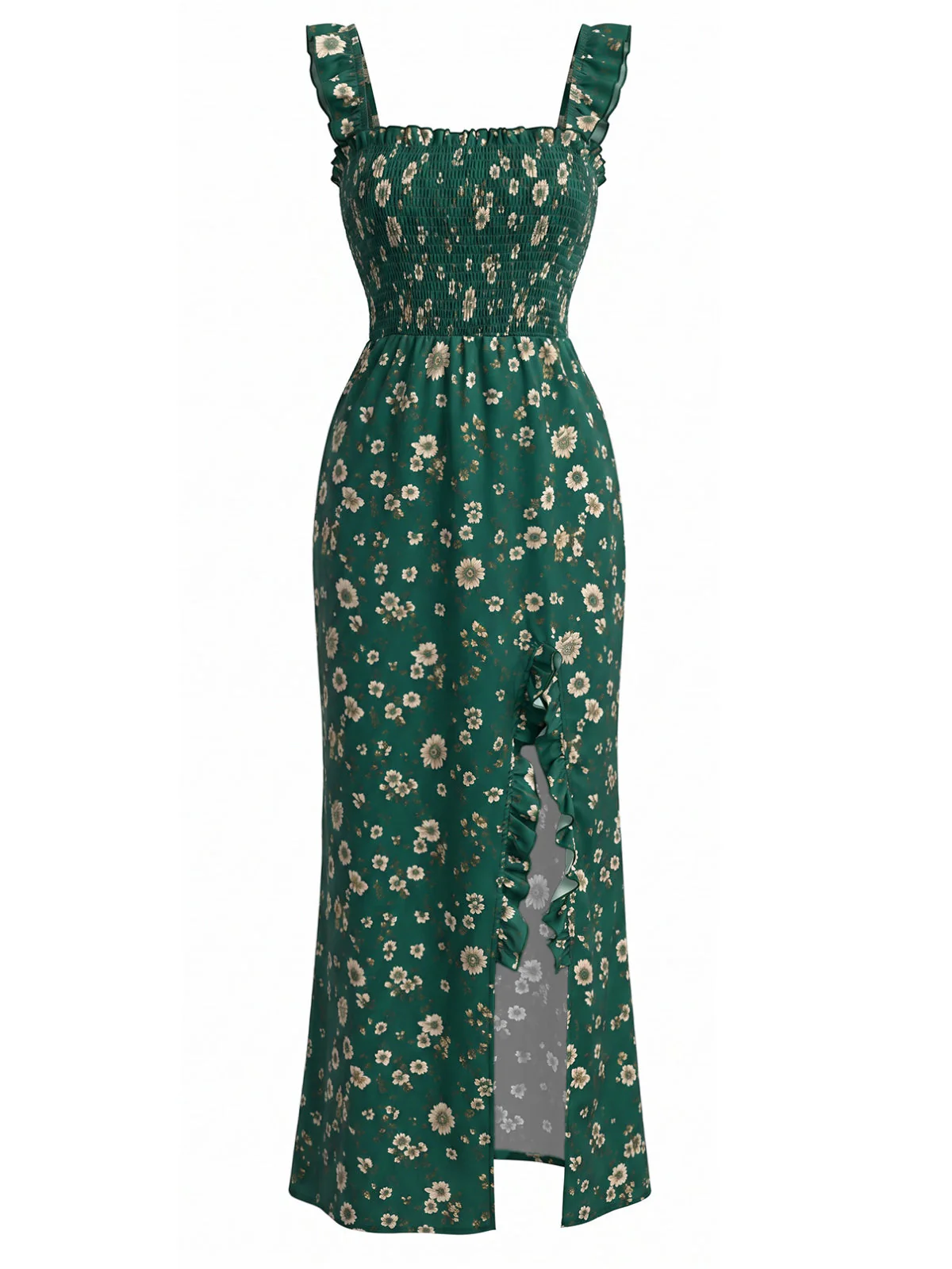 Robe Col Carré Fendue à Petites Fleurs Vert Années 30 - Image 2