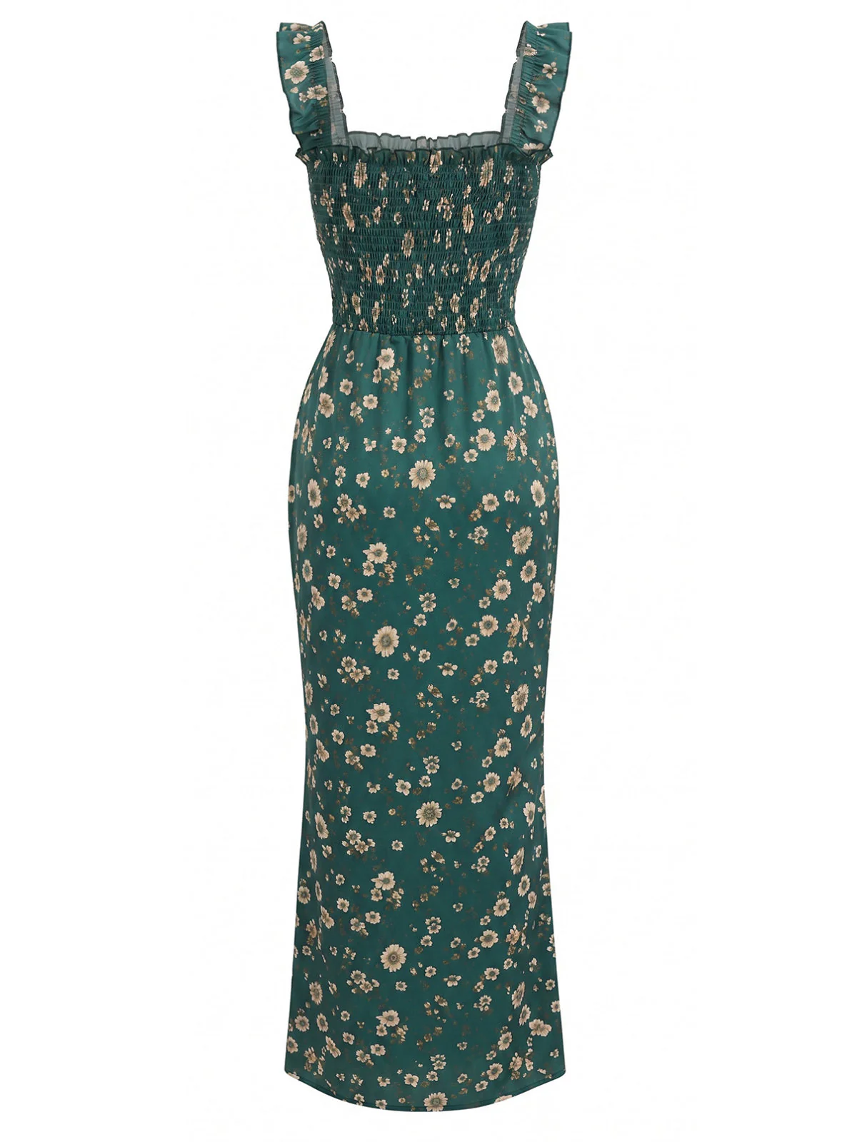 Robe Col Carré Fendue à Petites Fleurs Vert Années 30 - Image 3