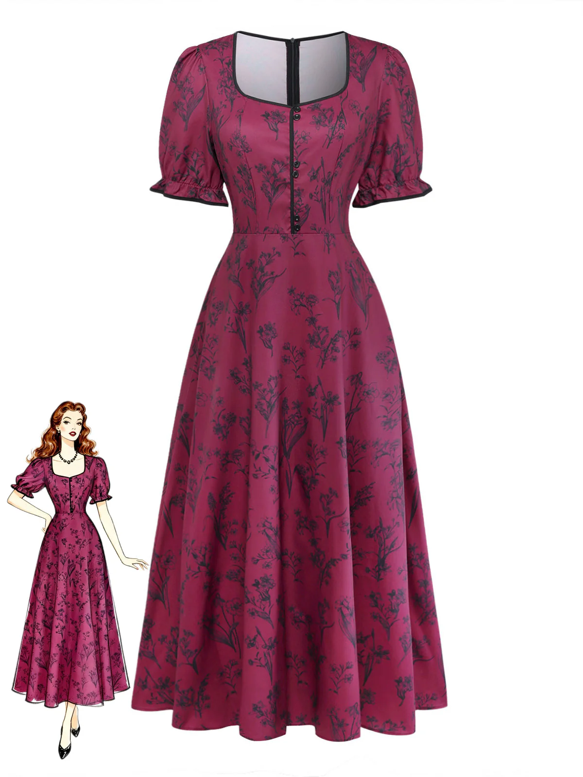 Robe Col Carré Imprimé Floral Bordeaux Années 1940