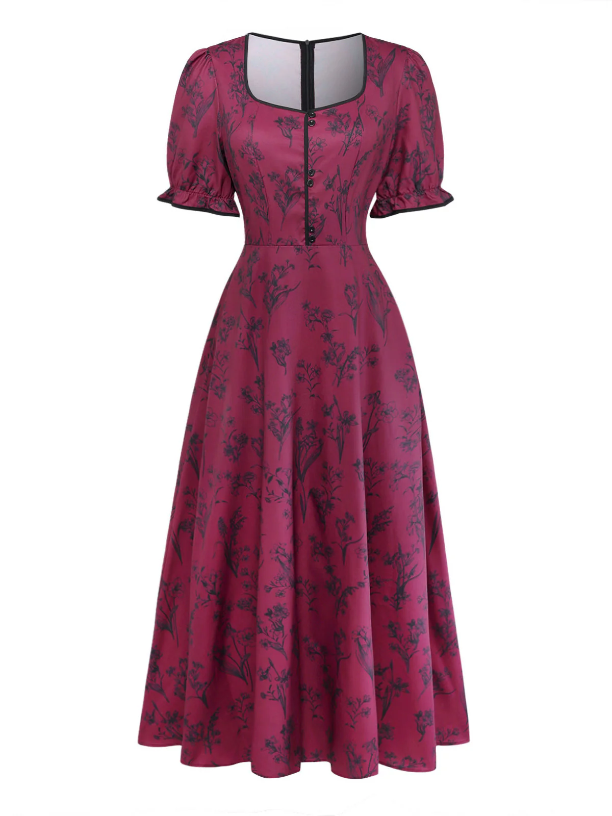 Robe Col Carré Imprimé Floral Bordeaux Années 1940 - Image 2